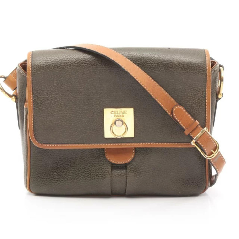 Celine Gancini Shoulder Bag Leather Khaki Green Brown